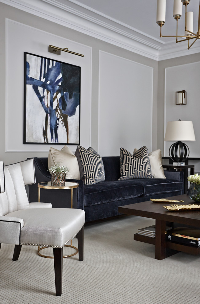 Immagine di un soggiorno minimal con sala formale, pareti grigie e moquette