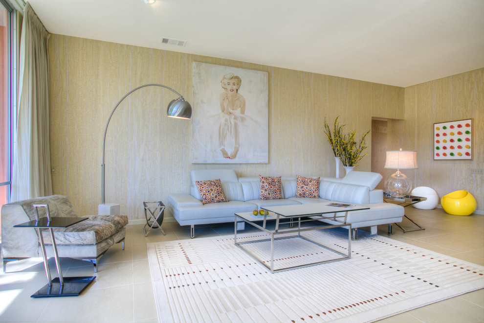 Midcentury living room in Los Angeles with beige walls.