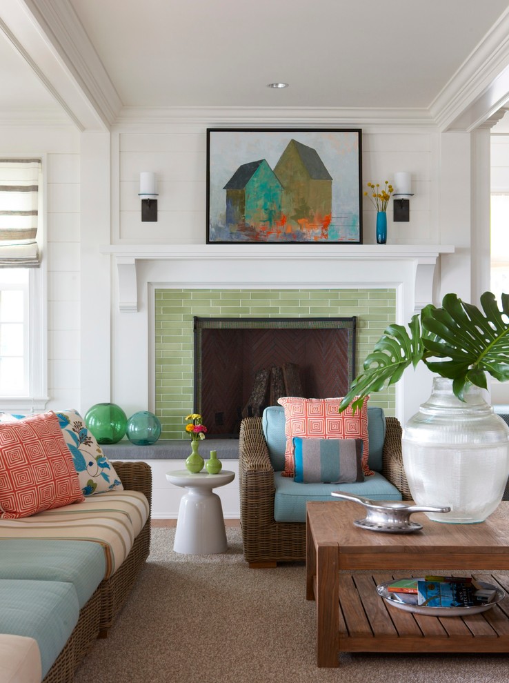 Beach style living room in New York with white walls.