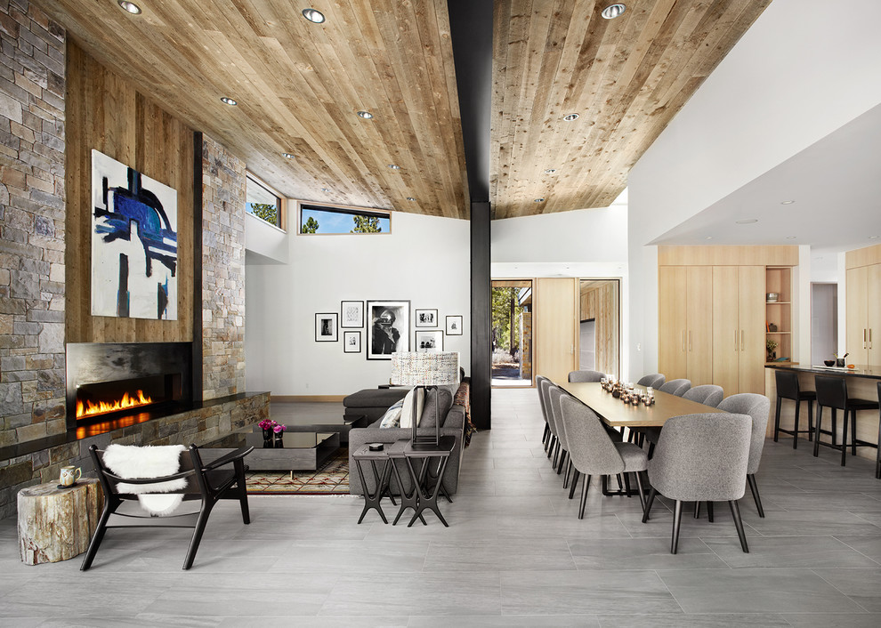 Photo of a contemporary open plan living room in Sacramento with grey walls, porcelain flooring, a ribbon fireplace and a metal fireplace surround.