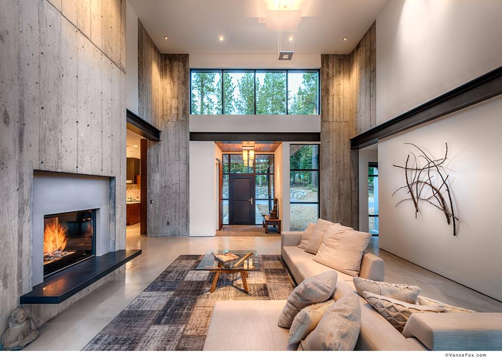 Cette photo montre un salon moderne de taille moyenne et ouvert avec un mur gris, sol en béton ciré, une cheminée double-face et un manteau de cheminée en béton.