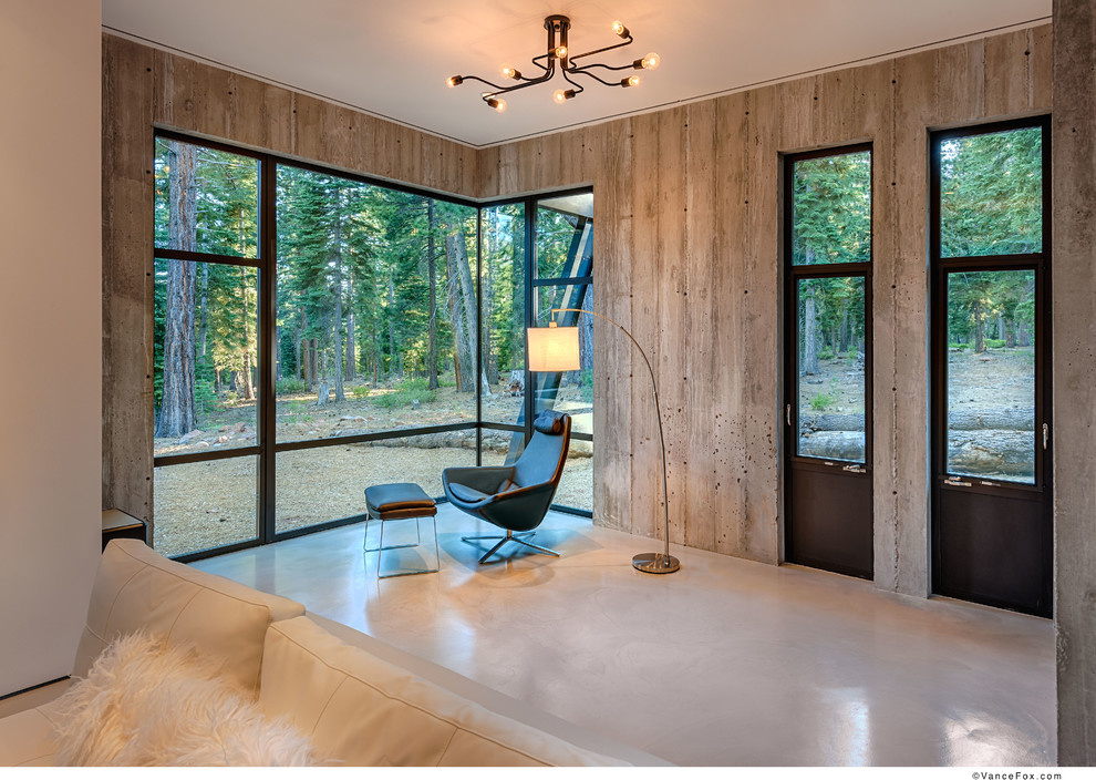 Immagine di un grande soggiorno minimalista aperto con pavimento in cemento