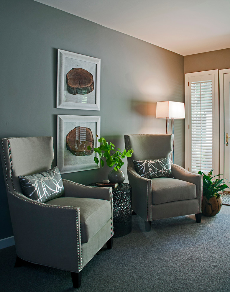 На фото: парадная, изолированная гостиная комната среднего размера в современном стиле с серыми стенами, ковровым покрытием и серым полом без камина, телевизора