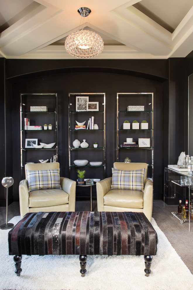 Ispirazione per un piccolo soggiorno design aperto con angolo bar, pareti nere, moquette, nessun camino e parete attrezzata