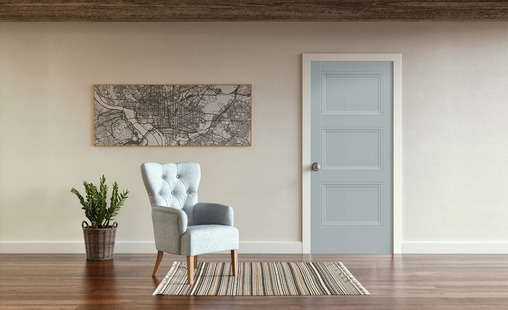Imagen de salón abierto actual grande con paredes beige, suelo de madera en tonos medios y suelo marrón
