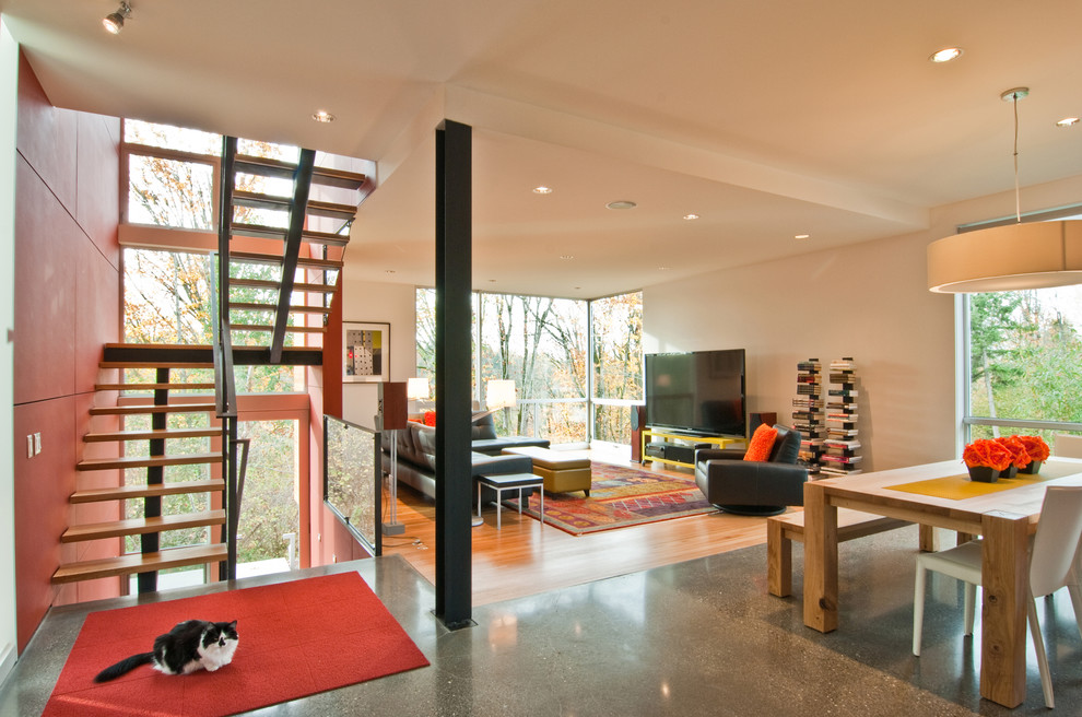 Cette image montre un salon minimaliste ouvert avec un téléviseur indépendant.