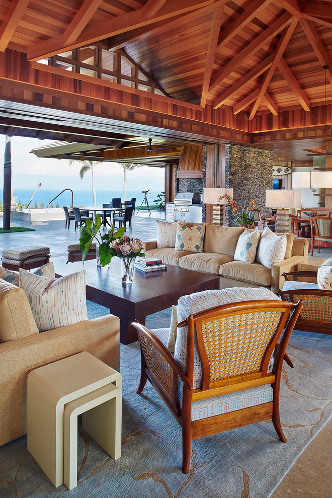 Inspiration for a world-inspired open plan living room in Hawaii.