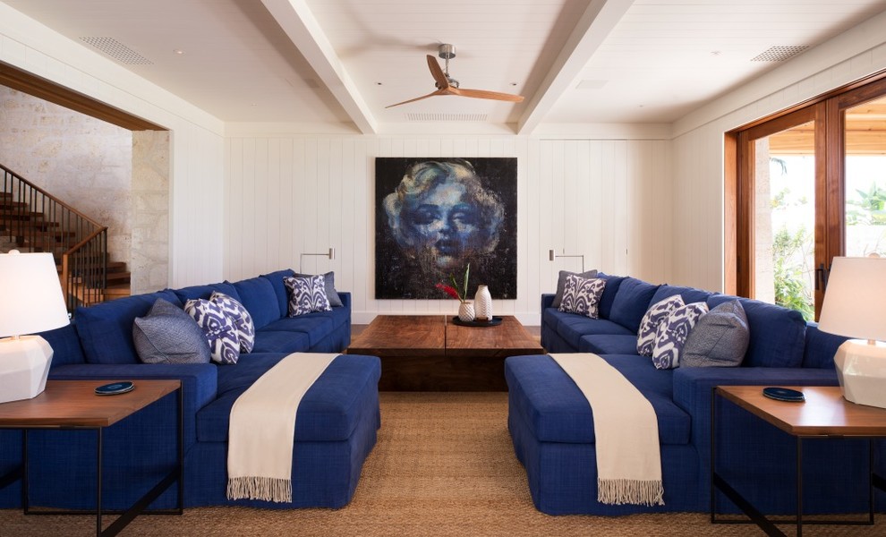 Идея дизайна: парадная, открытая гостиная комната среднего размера:: освещение в морском стиле с белыми стенами, ковровым покрытием и коричневым полом без камина, телевизора