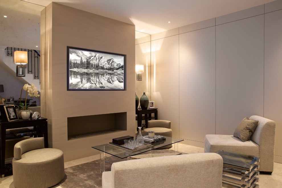 Inspiration for a medium sized contemporary enclosed living room in London with white walls, a ribbon fireplace, a stone fireplace surround, a built-in media unit and white floors.