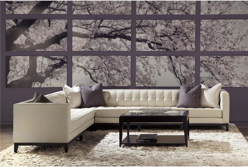Imagen de salón cerrado moderno grande con paredes púrpuras y suelo de madera oscura