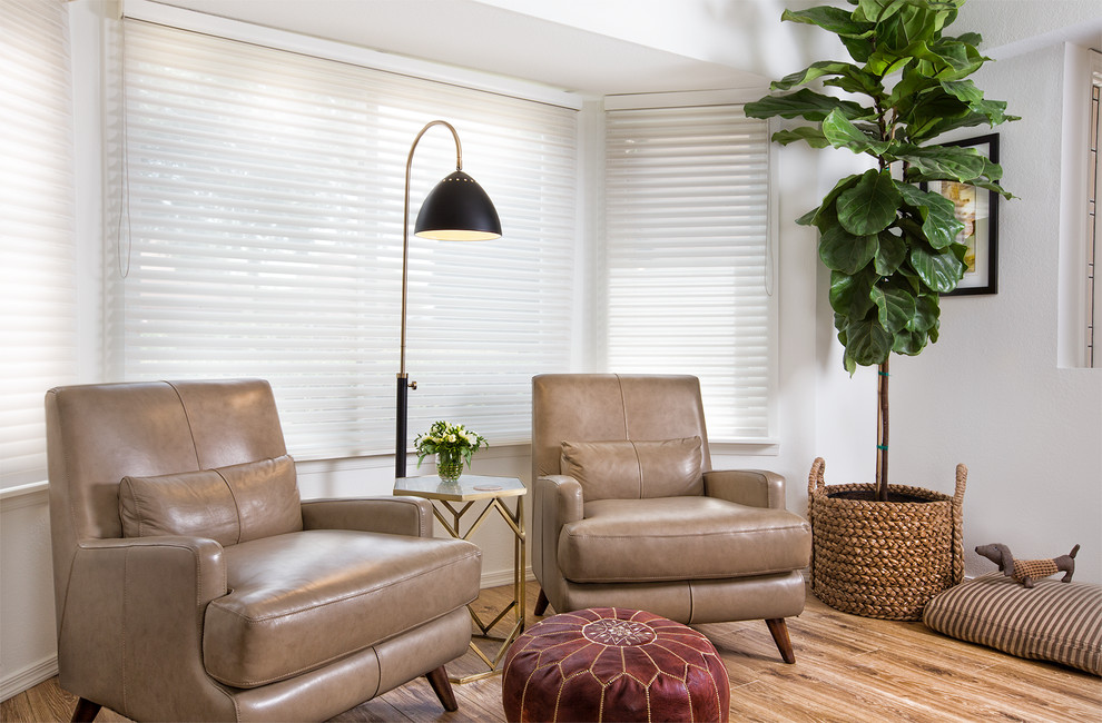 Photo of a medium sized contemporary open plan living room in Phoenix with white walls.