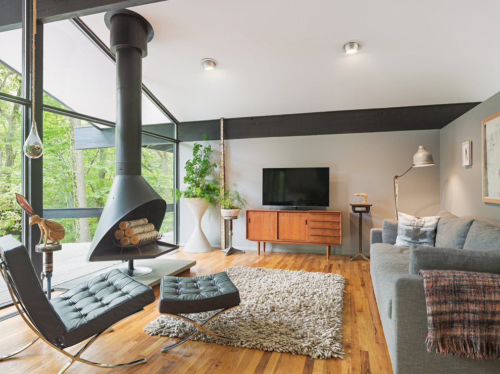 Modelo de salón vintage con paredes grises, suelo de madera en tonos medios y televisor independiente