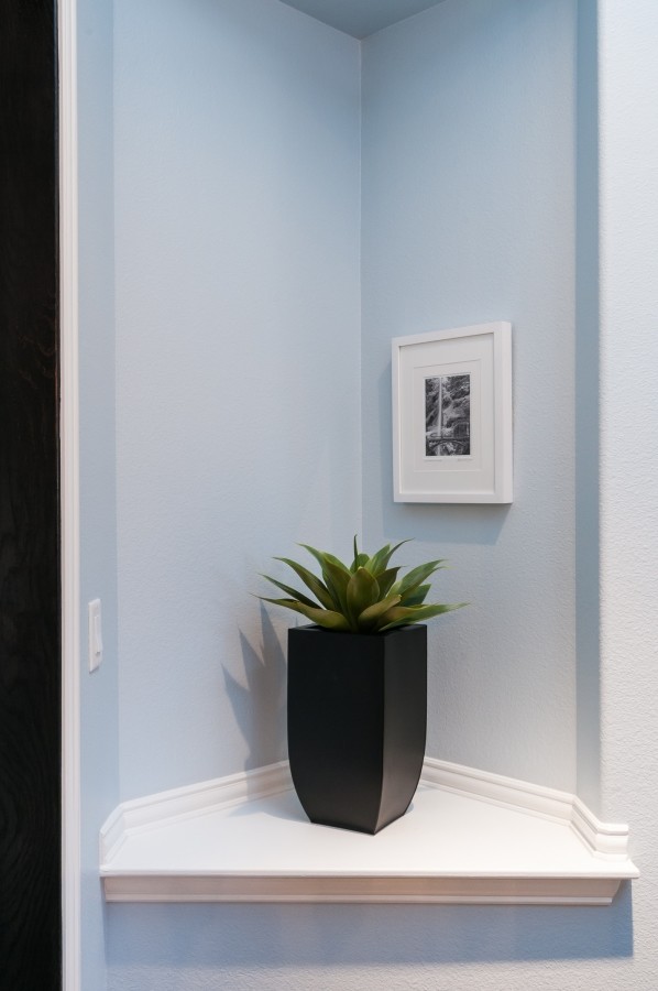Inspiration för klassiska vardagsrum, med blå väggar, mörkt trägolv, en standard öppen spis och en inbyggd mediavägg