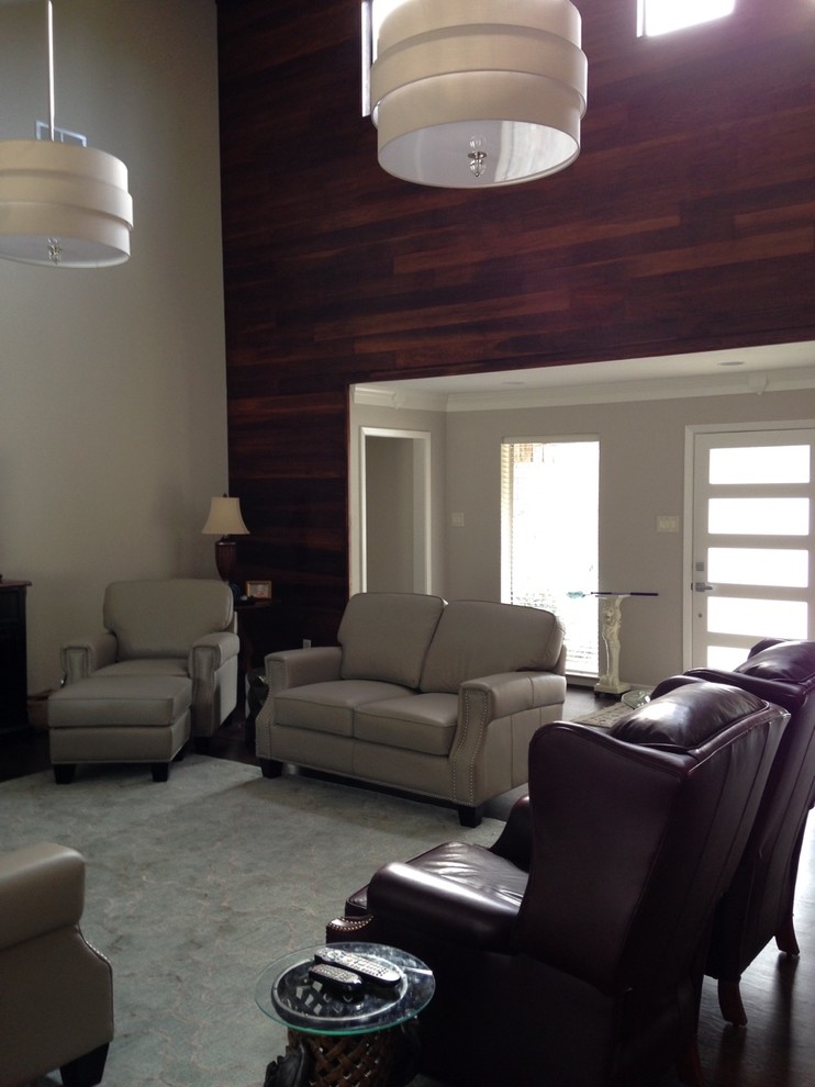 Example of a mid-sized classic open concept carpeted and blue floor living room design in Dallas with white walls, a tv stand and no fireplace