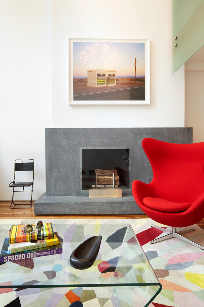 Modernes Wohnzimmer mit weißer Wandfarbe, braunem Holzboden, Kamin und Kaminumrandung aus Stein in New York