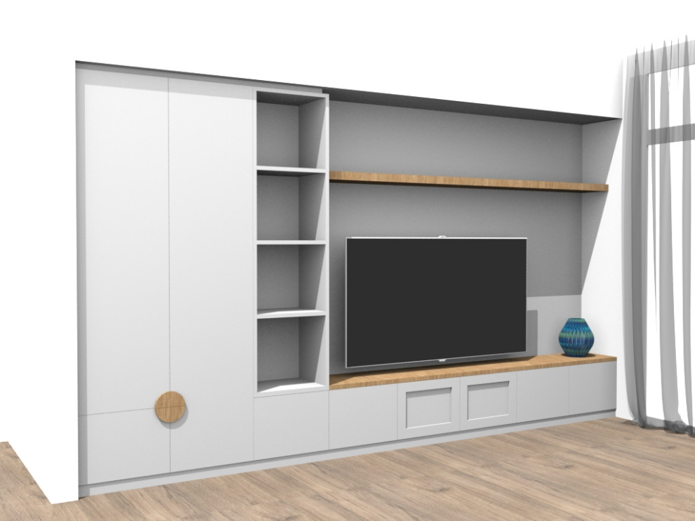 Immagine di un soggiorno minimal di medie dimensioni con pareti bianche, parquet chiaro e TV a parete