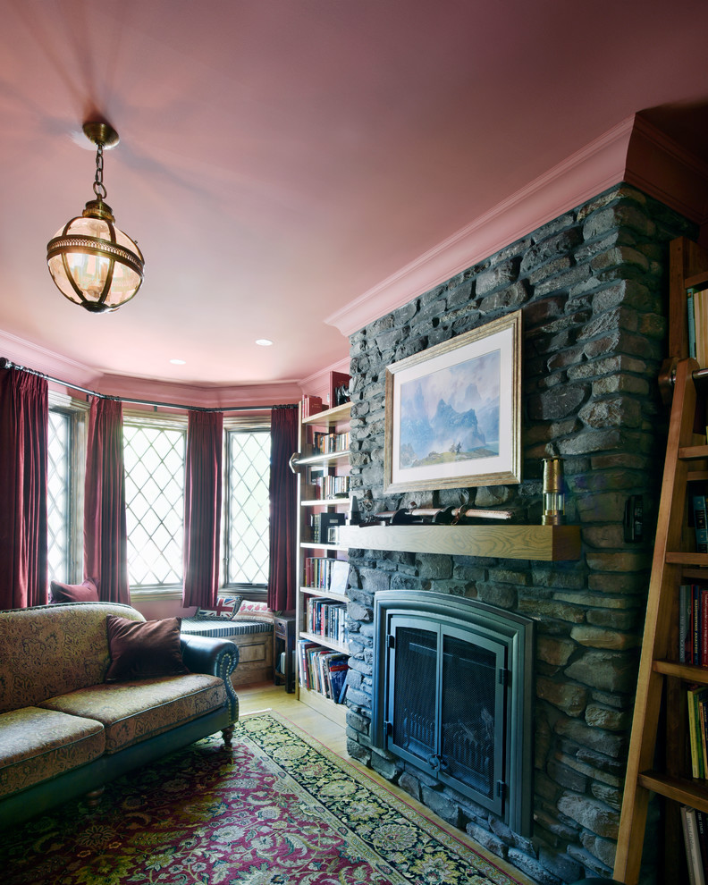 Ispirazione per un soggiorno minimalista di medie dimensioni con pareti rosa, pavimento in legno massello medio, camino classico e cornice del camino in pietra
