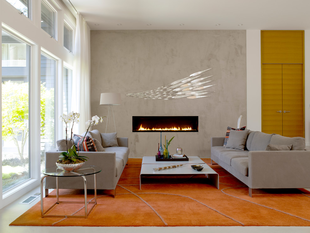 Design ideas for a contemporary living room in Seattle with a ribbon fireplace, no tv and feature lighting.