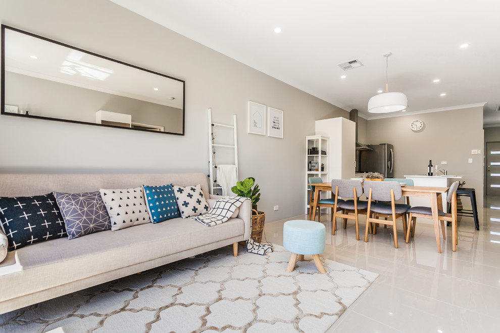 Fernseherloses Modernes Wohnzimmer ohne Kamin mit grauer Wandfarbe in Perth