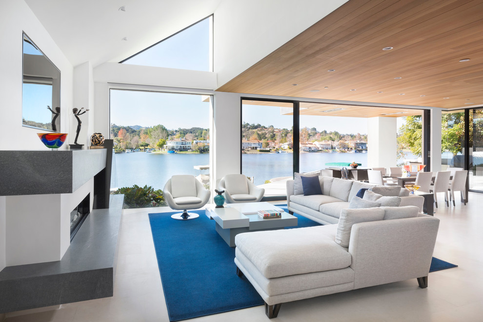 Modelo de salón contemporáneo con paredes blancas, chimenea lineal y suelo gris