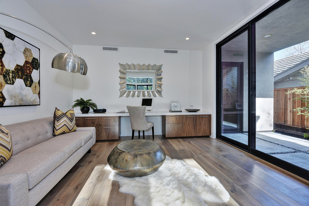 Living room - contemporary formal light wood floor living room idea in San Francisco with white walls