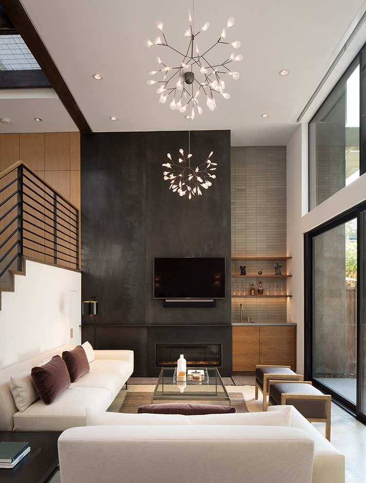 Example of a transitional living room design in San Francisco with white walls, a ribbon fireplace and a wall-mounted tv