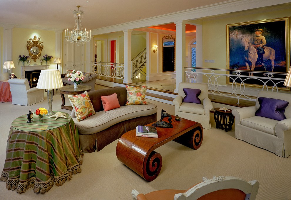 Inspiration for a huge timeless living room remodel in Miami with yellow walls