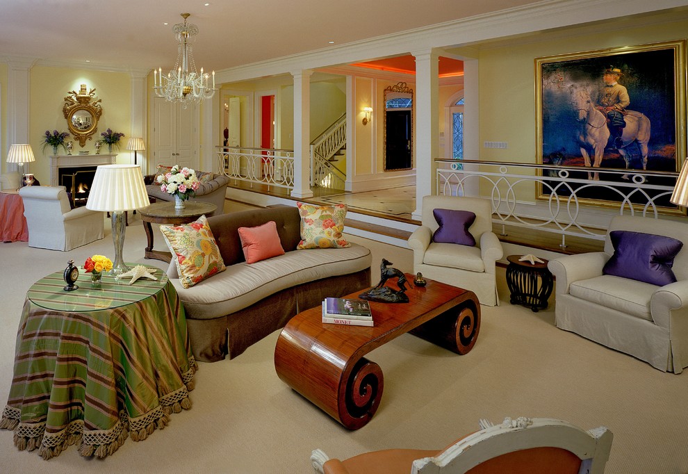 Expansive traditional living room in Miami with yellow walls.
