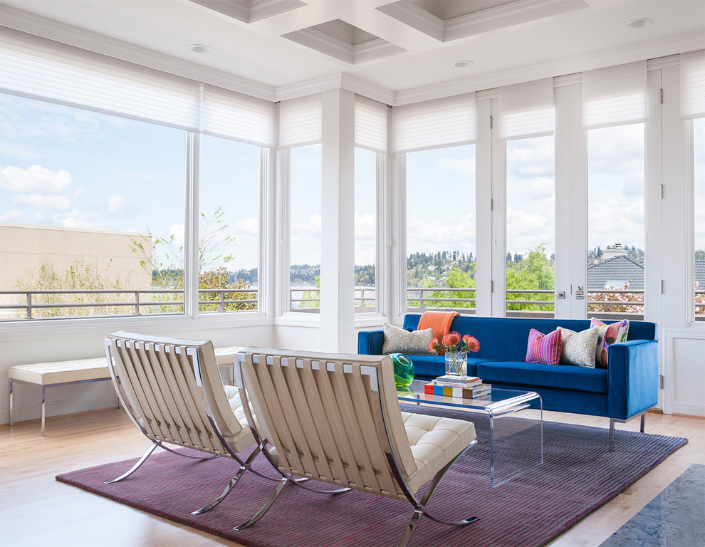 Идея дизайна: гостиная комната в современном стиле с белыми стенами, светлым паркетным полом и синим диваном