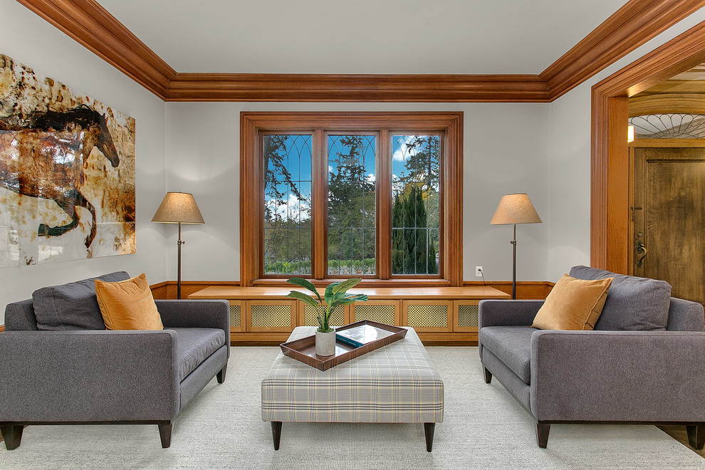 Photo of a large classic formal open plan living room in Seattle with grey walls, dark hardwood flooring and no tv.
