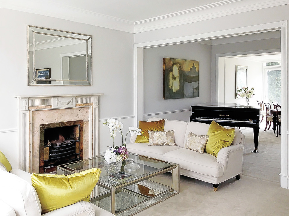 Large contemporary formal open plan living room in Other with grey walls, carpet and a standard fireplace.