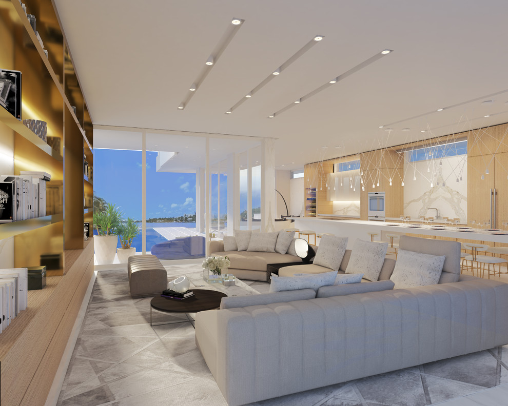 Large minimalist open concept marble floor and white floor living room photo in Miami with a music area, multicolored walls and no tv