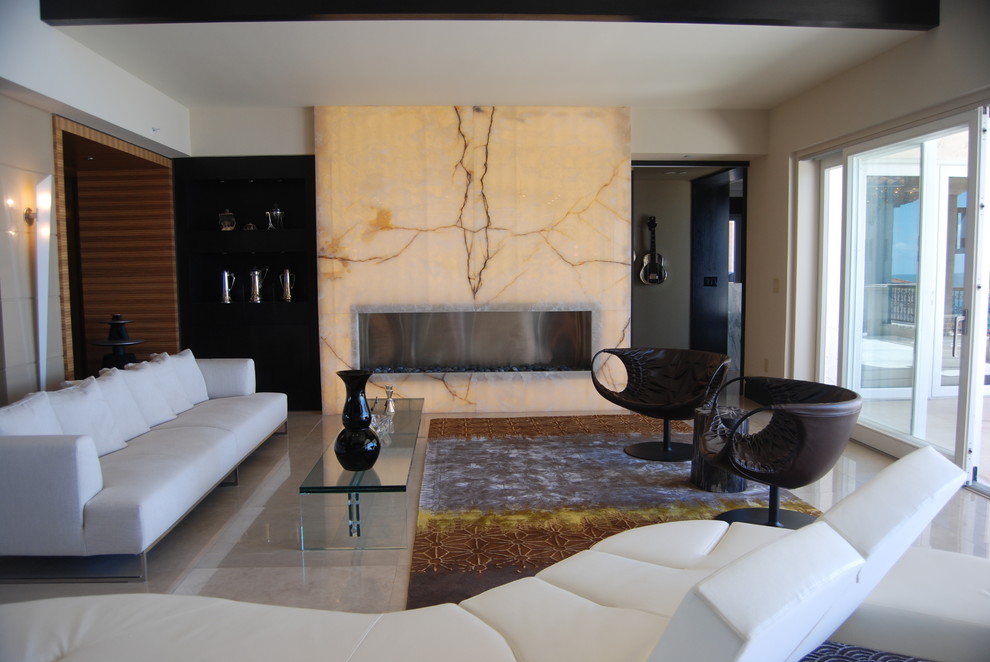 Example of a trendy living room design in Miami with a ribbon fireplace