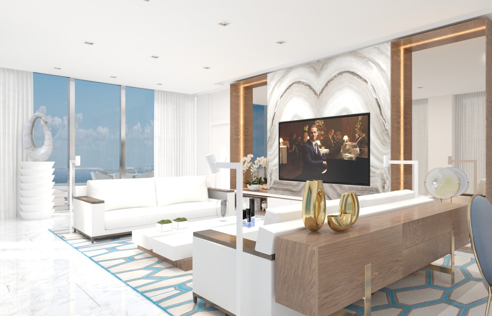 Großes, Repräsentatives, Offenes Modernes Wohnzimmer ohne Kamin mit weißer Wandfarbe, braunem Holzboden, Multimediawand und weißem Boden in Miami