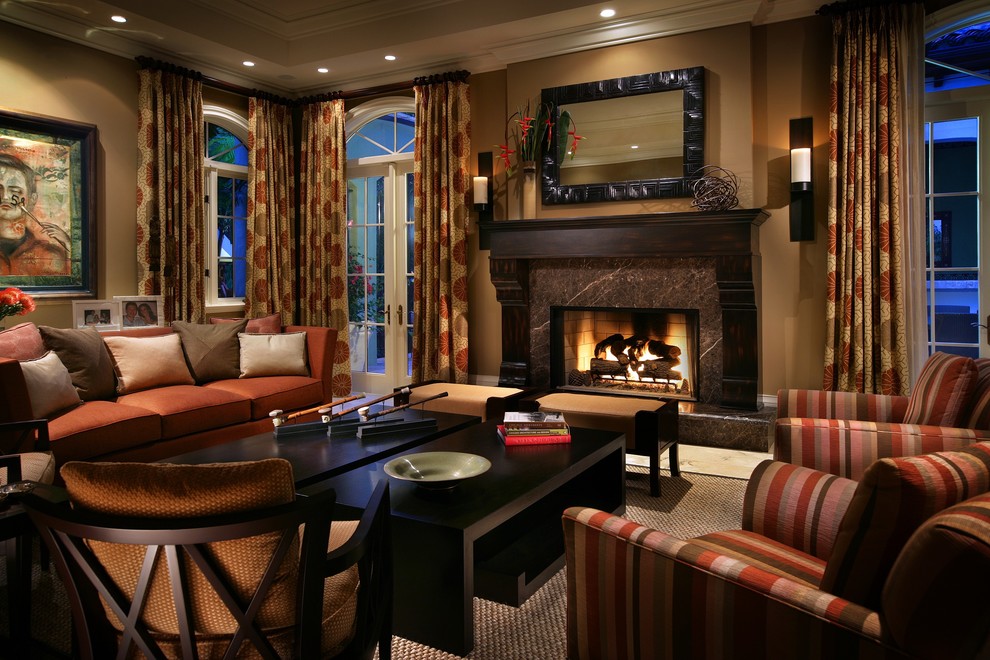 Living room - contemporary living room idea in Miami with brown walls and no tv