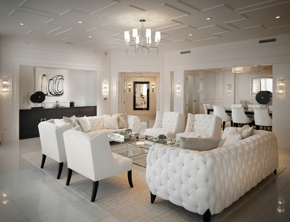 Großes, Repräsentatives, Abgetrenntes Klassisches Wohnzimmer mit weißer Wandfarbe und Marmorboden in Miami