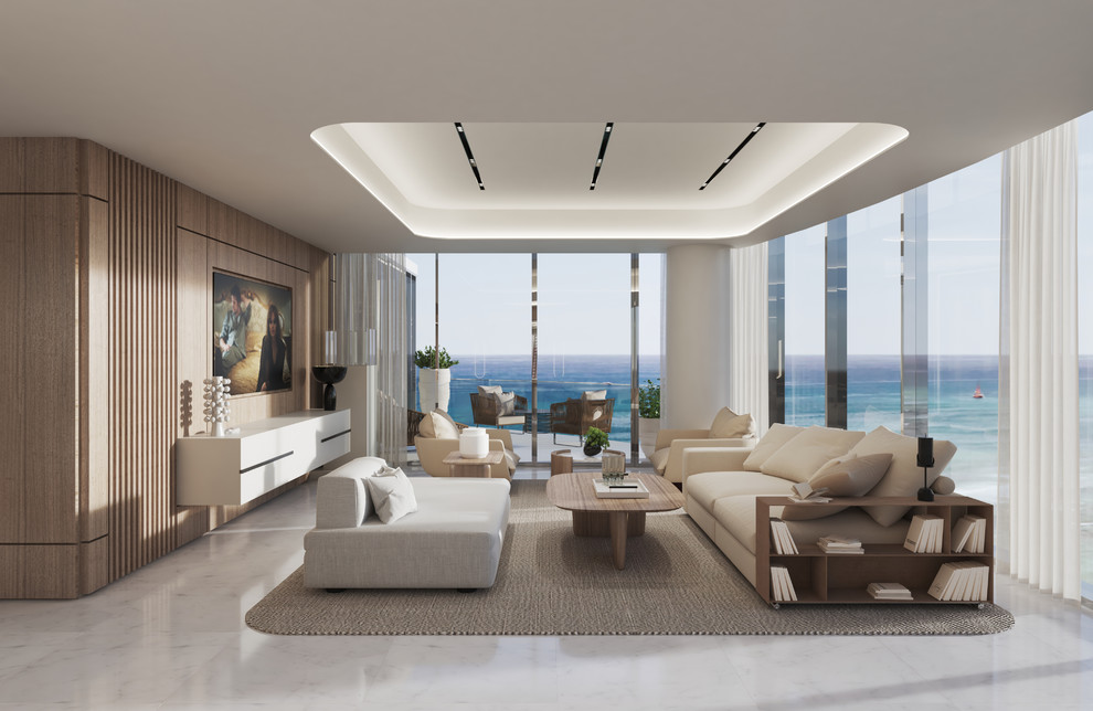 Diseño de salón para visitas abierto costero grande con paredes blancas, suelo de mármol y televisor retractable