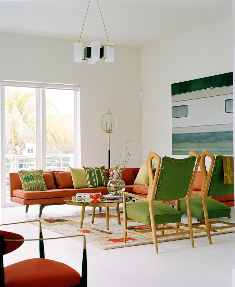 Inspiration for a contemporary white floor living room remodel in Miami with white walls