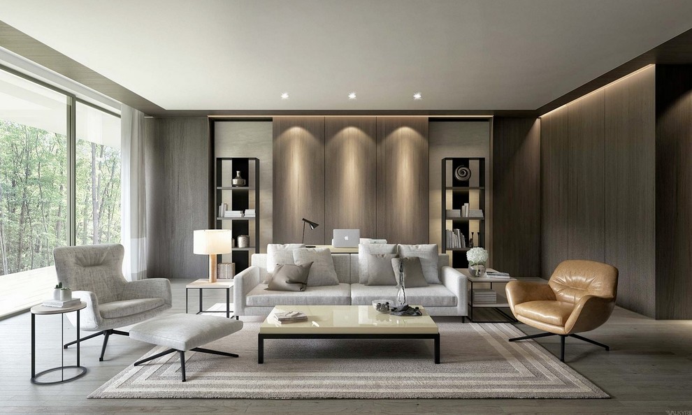 Photo of a large modern formal open plan living room in Miami with grey walls, carpet, no fireplace, no tv and feature lighting.