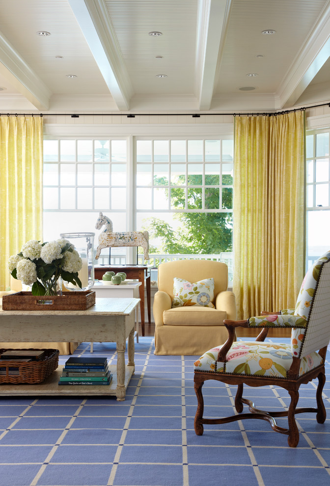 Beach style living room photo in Chicago with beige walls and no tv