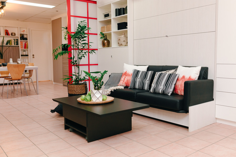 Esempio di un piccolo soggiorno moderno aperto con pareti bianche, parete attrezzata e pavimento con piastrelle in ceramica