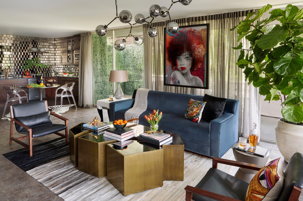 Example of a large mid-century modern formal and enclosed concrete floor and gray floor living room design in Los Angeles with a wall-mounted tv