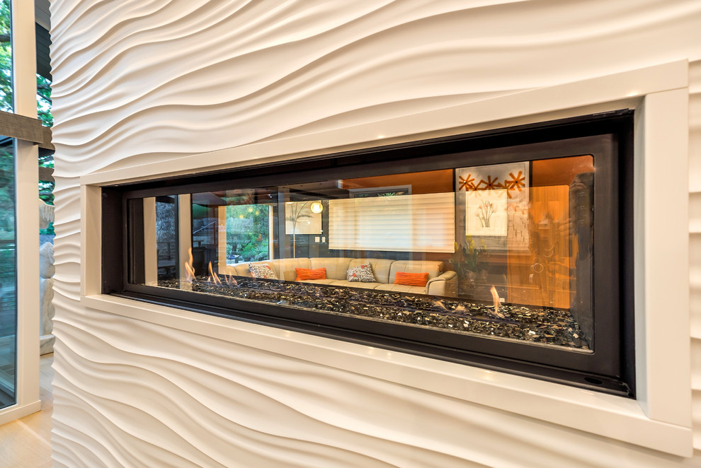 Cette image montre un salon design avec une cheminée double-face.