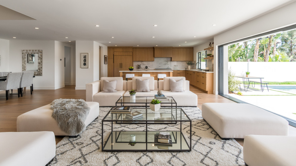 Immagine di un soggiorno minimalista aperto con sala formale, pareti bianche e parquet chiaro