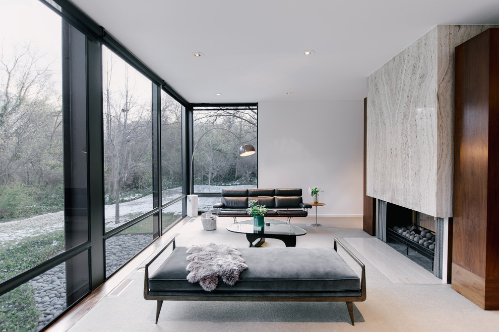 Inspiration pour un grand salon minimaliste ouvert avec un mur blanc, moquette, une cheminée double-face, un manteau de cheminée en pierre et aucun téléviseur.