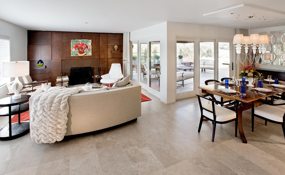 Esempio di un soggiorno minimalista con pavimento in gres porcellanato e pareti bianche