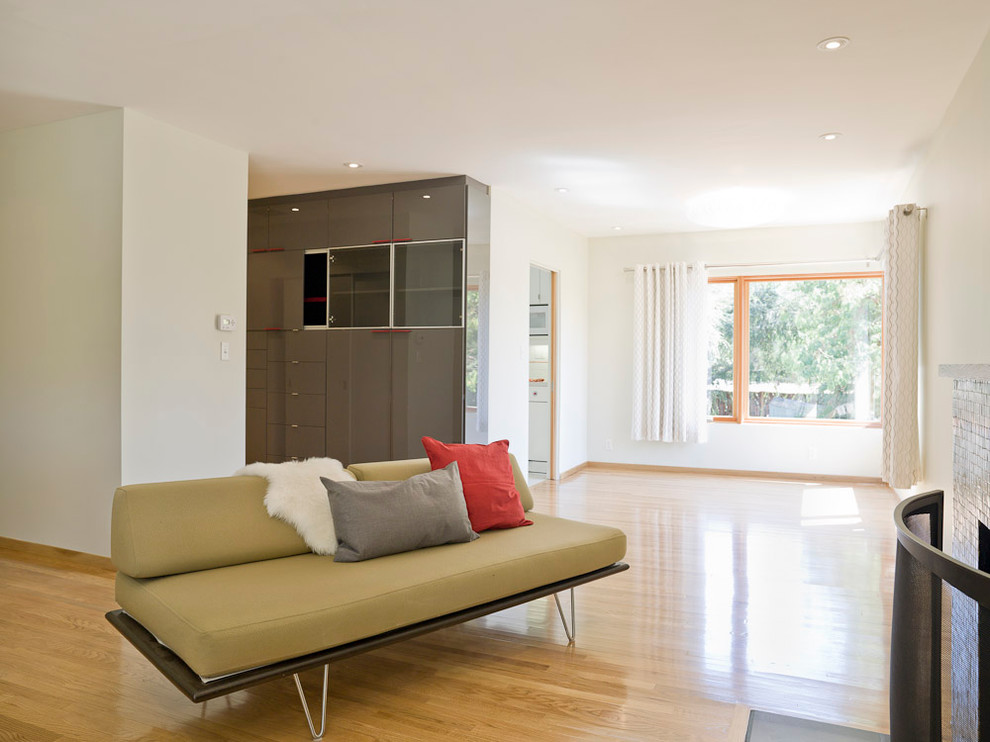 Cette image montre un salon minimaliste de taille moyenne et fermé avec une salle de réception, un mur blanc, un sol en bois brun, une cheminée standard, un manteau de cheminée en carrelage et aucun téléviseur.