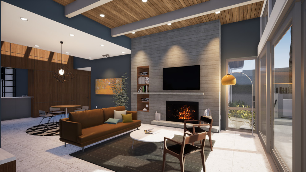 Inspiration for a mid-sized 1950s open concept porcelain tile, white floor, exposed beam and wood wall living room remodel in Los Angeles with a bar, blue walls, a standard fireplace, a brick fireplace and a wall-mounted tv