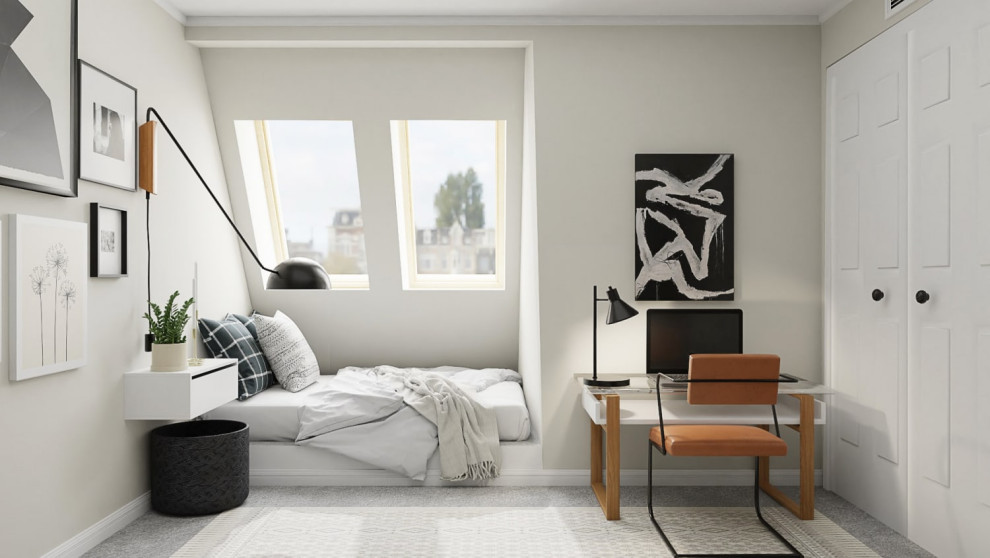 Esempio di un piccolo soggiorno minimalista stile loft con pareti bianche, moquette, pavimento grigio e soffitto a volta