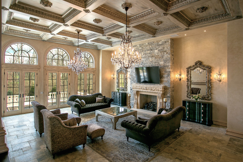 Example of a huge classic formal limestone floor and gray floor living room design in Cincinnati with a standard fireplace and a wall-mounted tv